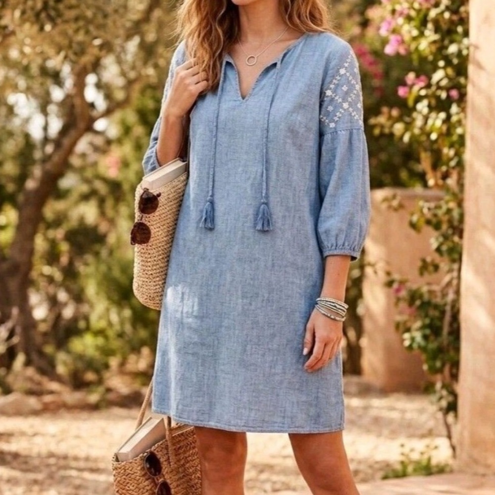 Old Navy Chambray Shift Dress Embroidered Puff Sleeve Jean Dress